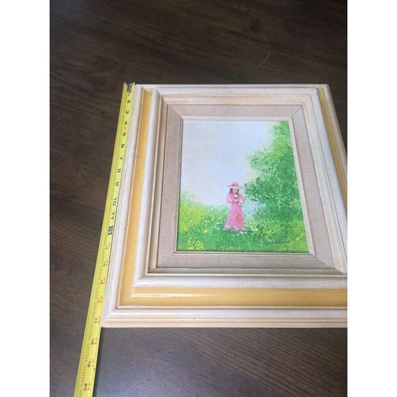 VTG Oil Painting Woman in Pink Dress in Garden Scene Signed Jennifer West 13x15 - Picture 5 of 16